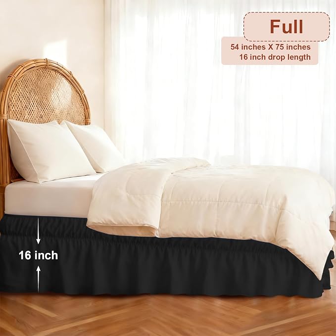 Full Bed Skirt with Elastic Strap, Ruffle Full Size Bed Skirt with 16" Drop | Wrap Around Dust Ruffle Easy to Install on Bed Bases & Frames, Wrinkle-free, Machine Washable, Black