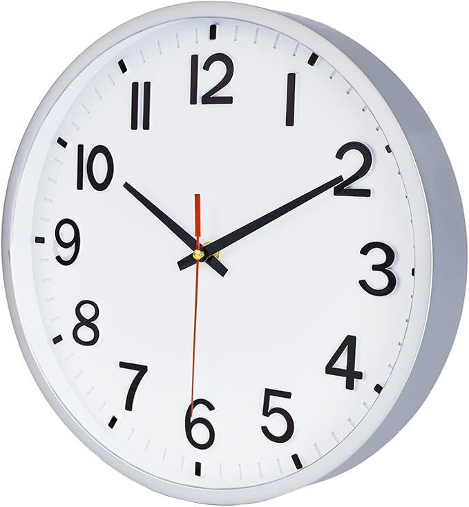 Wall Clocks Battery Operated 10 inch Modern Wall Clock,Silent Non Ticking Wall Clock for Living Room Bedroom Kitchen Office Classroom Decor (Silver and White)