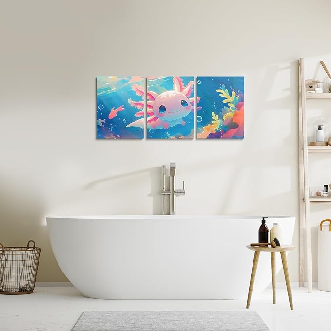Feelyou Cute Axolotl Canvas Wall Art Kids Bedroom Wall Decor For Living Room Office Wall Decor Ocean Sealife Painting Framed Wall Pictures 3 Piece Ready To Hang for Bathroom Home Decor