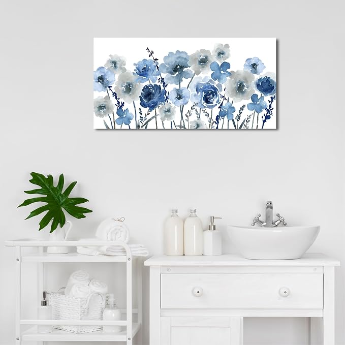 VEAEE Flowers Canvas Wall Art - Indigo Floral Canvas Pictures Living Room Wall Decor Botanical Canvas Prints Painting Abstract Artwork Bedroom Office Home Decor 20"x 40"