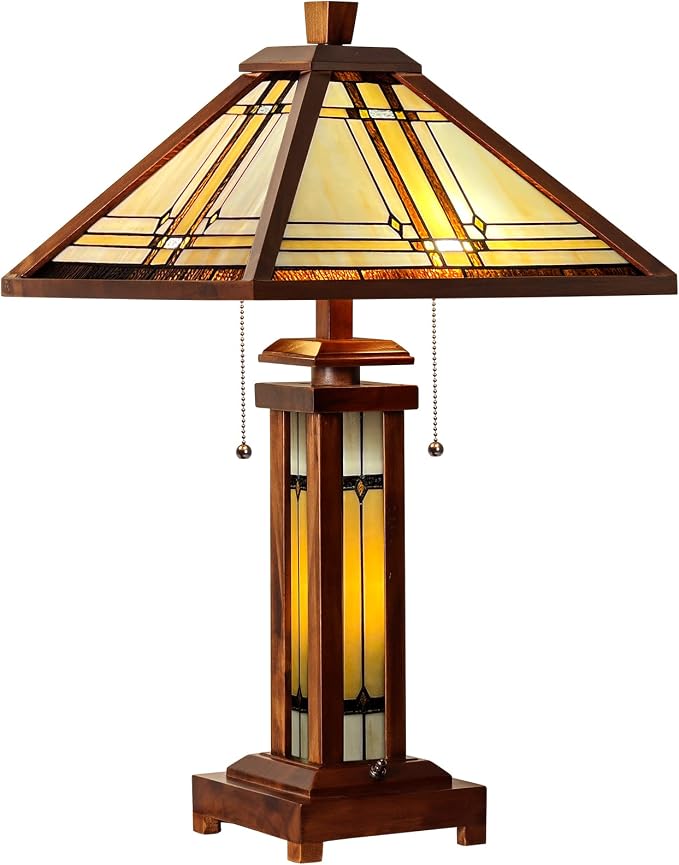 Capulina Tiffany Lamp Wooden Base Cream Stained Glass Table Lamp 3-Light
