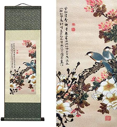AtfArt Asian Wall Decor Beautiful Silk Scroll Painting Flowers and Birds Oriental Decor Chinese Art Wall Scroll Wall Hanging Painting Scroll (36.2 x 12 in)