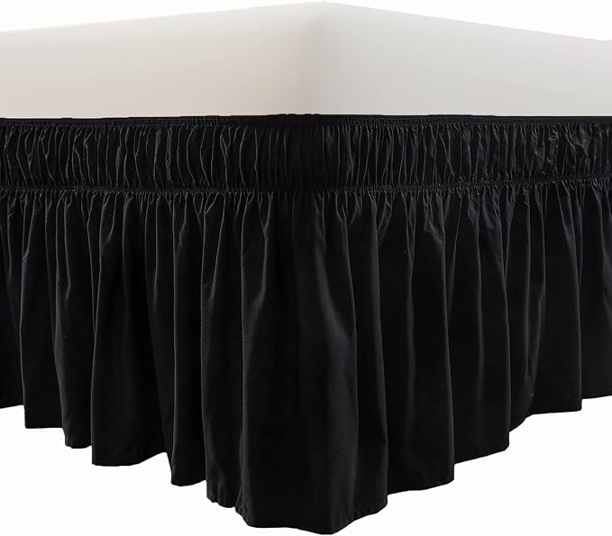 MEILA Wrap Around Elastic Bed Skirt for Queen & King Beds, 12" Drop, Black | Three-Side Adjustable Elastic Dust Ruffle, Ruffled Polyester Fabric, Easy to Install, Fade Resistant & Machine Washable