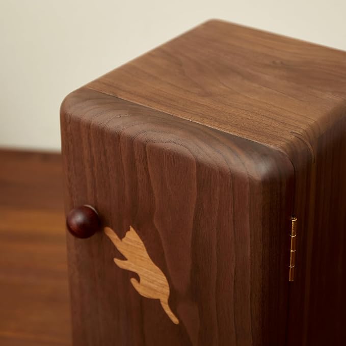 Black Walnut Solid Wood Cabinet Jewelry Box, Large | Women, Velvet Lined Organizer, 6 Drawers, Cherry Wood Cat Inlays, Rosewood Handles