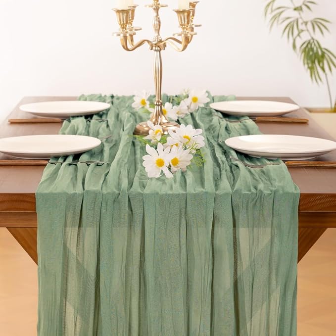 Sage Green Cheesecloth Table Runner Fall Wedding Birthday Party Home Decor | Sage Green 10pcs Rustic Gauze 10FT Cheese Cloth Sheer Farmhouse Dining Runner for Baby Shower Bridal Holiday Decorations