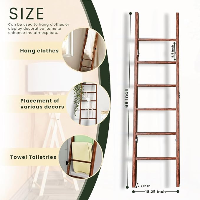 Wooden Blanket Ladder for Living Room 6-Tier, Decorative Ladder Blanket Rack & Quilt Ladder Decor, Rustic Farmhouse Wood Ladder, Anti-Slip Sturdy Blanket Holder, 68 Inch Tall, Rustic Brown