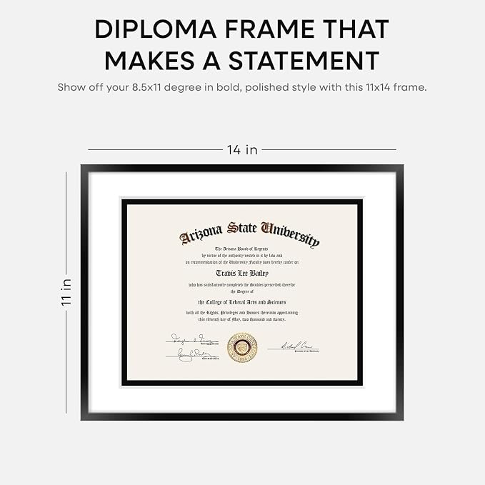 Homeforia 11x14 Black Diploma Frame, High-End Metal, 8.5x11 Mat, Glass
