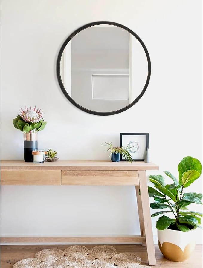 JJUUYOU JJUYOU Black Circle Wall Mirror - Round Wood Framed Mirror for Bathroom, Living Room, Vanity, Bedroom - 16 Inch