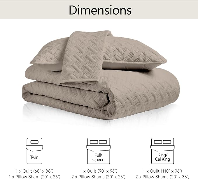 FLYMME Quilts Queen Size,Lightweight Taupe Bedspreads,Basket Weave Pattern,Ultra Soft Microfiber Bed Coverlet 3 Pieces for All-Seasons (1 Quilt,2 Pillow Shams)