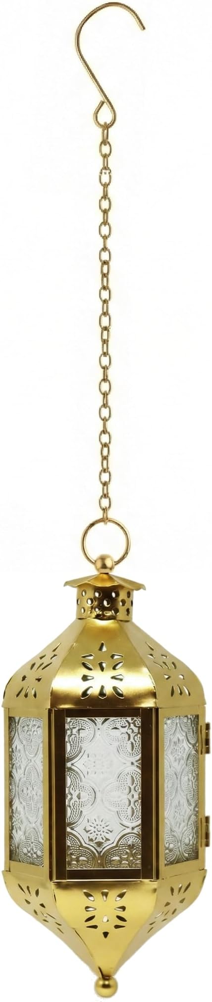 Vela Lanterns Hanging Moroccan Lamp - Exotic Decorative Patio & Porch Decor, Indoor Outdoor Tea Light Candle Lantern Holder with Chain (11" Medium, Gold)
