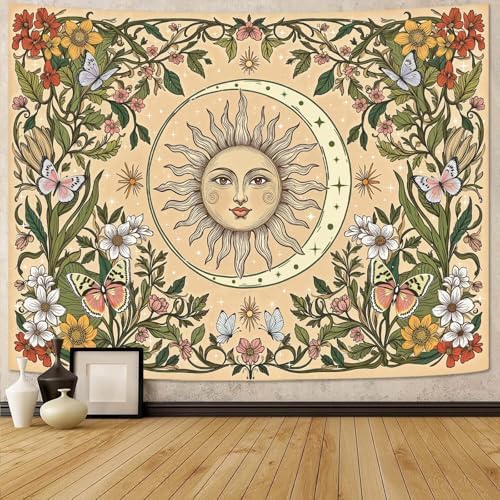 Accnicc Boho Sun and Moon Tapestry Vintage Floral Wall Tapestry for Bedroom Aesthetic Beige Celestial Plant Flower Butterfly Large Tapestries Wall Hanging for Living Room Dorm 80 x 60 Inch