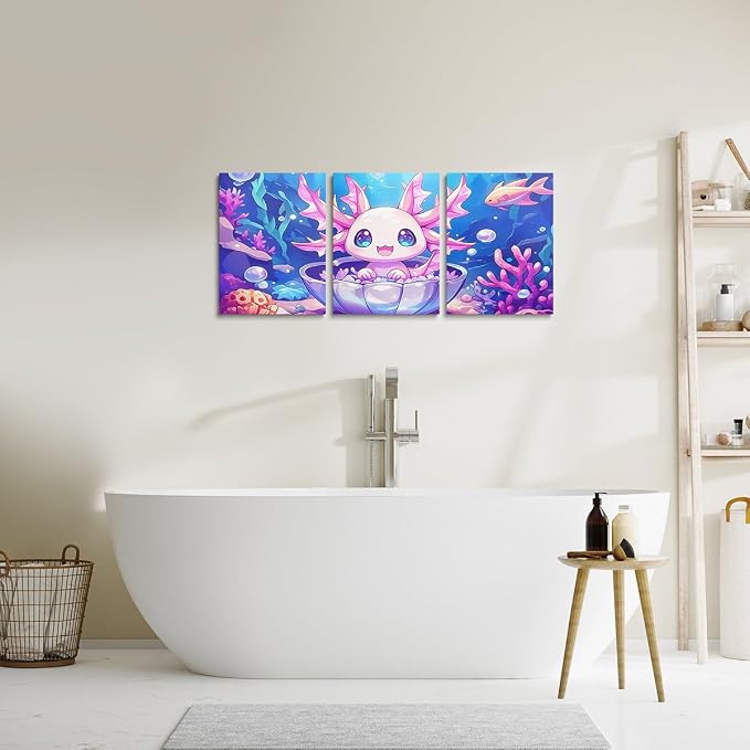 Feelyou Kids Cute Axolotl Canvas Wall Art for Living Room Bedroom Ocean Sealife Picture Wall Decor Boys Girls Kawaii Animal Wall Painting Prints Cartoon Salamander Bathroom Wall Art 12"x16"x 3Pcs