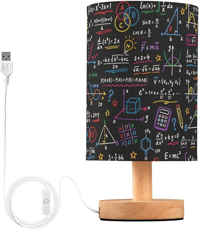 ALAZA Math Mathematics Black Decor Bedside Table Lamp with USB Port for Bedroom Nightstand Office Desk LED Bulb Included