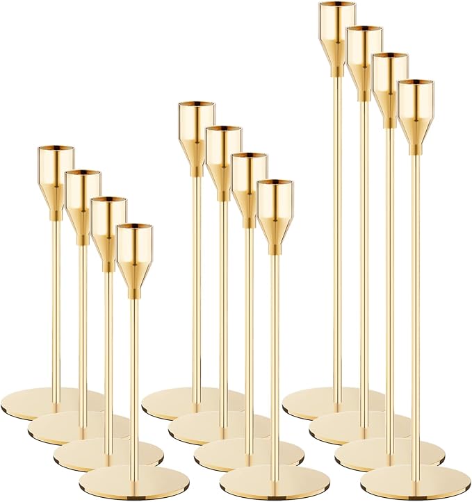 NLBTW 12 Pcs Gold Taper Candle Holder Bulks for Wedding Party Home Decor