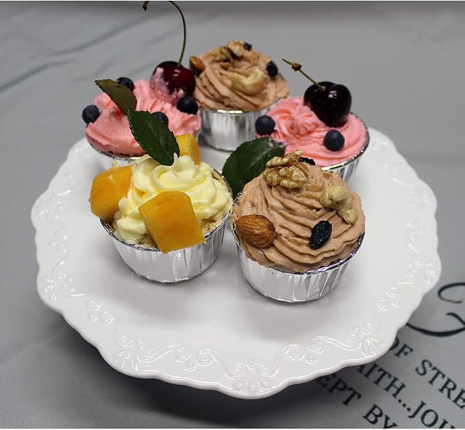 Round White Ceramic Cake Stand 8 Inch, Decorative Cupcake Stand, Dessert Display Plates for Snacks and Cookies, Baby Shower, Birthday, Wedding Party Decor