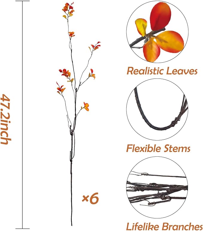 6 Pcs Fall Stems Artificial Ficus Branches, 47.2 Inch Faux Eucalyptus Stems Fall Decor, Fake Leaves Fall Decorations for Home, Autumn Table Decor Fall Branches for Vase Filler Centerpieces