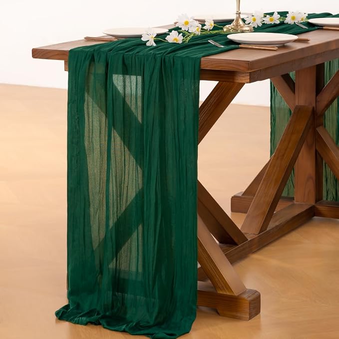 Cheesecloth Table Runner Fall Boho Wedding Birthday Party Home Decor | Emerald Green 2pcs Rustic Gauze 10FT Cheese Cloth Sheer Farmhouse Runner for Baby Shower Bridal Holiday Decorations
