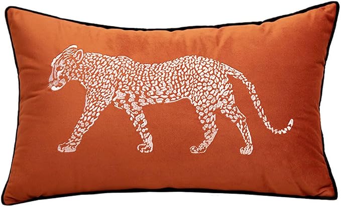 vctops Fall Soft Velvet Embroidery Lumbar Decorative Throw Pillow Covers Leopard Pattern Cushion Case for Sofa Bedroom Couch (Orange,12"x20")
