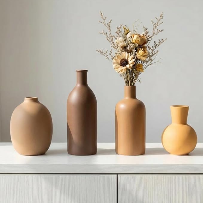 Modern Small Ceramic Vase Set of 5 | Neutral colors, decorative farmhouse vase decor, for shelf entryway table living room