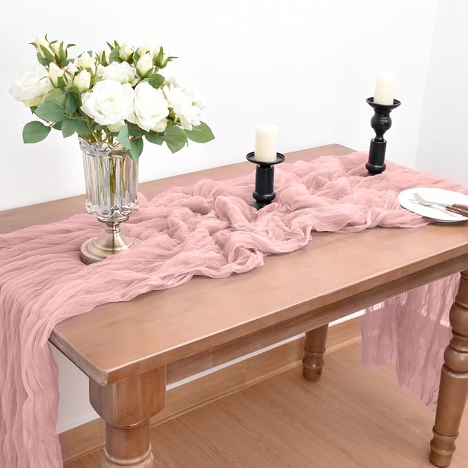 Dusty Rose Cheesecloth Table Runner Cheese Cloth Wedding Birthday Decor | 10Ft Summer Rustic Boho Gauze Farmhouse Bridal Baby Shower Holiday Dining Tea Party Home Table Decorations 4 Pack