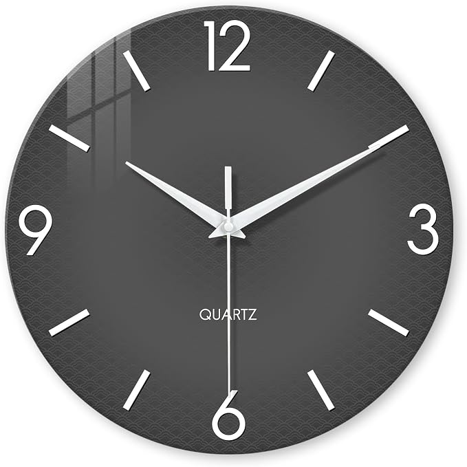 XFM Modern Grey Wall Clock 12 Inch Simple Minimalist | Battery Operated Gray Glass Quartz Clock Decorative for Bedroom Kitchen Living Room Home Office Silent Non Ticking