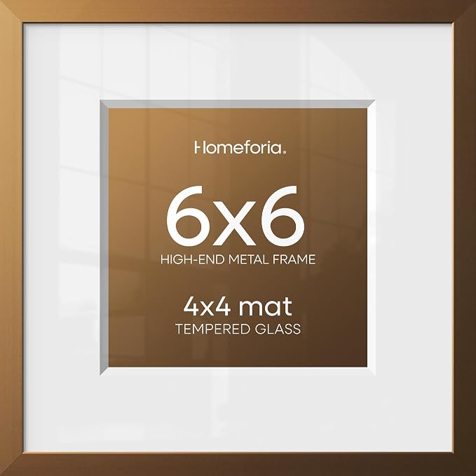 Homeforia 6x6 Bronze Picture Frame, High-End Metal, 4x4 Mat, Glass