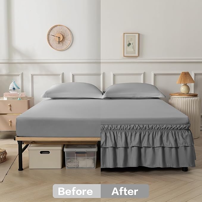 Double-Layered Ruffled Bed Skirt,Dark Gray,King/Cal King, 14" Drop | Wrap Around, Adjustable Elastic, 2 Layer, Machine Washable Soft Fabric, Multi Ruffle Bedskirt