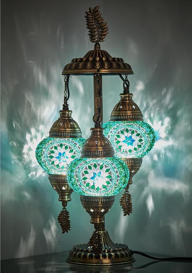 DEMMEX 3-Globe Turkish Moroccan Table Lamp, Tiffany Mosaic Glass Bedside Night Light, Handmade Colorful Mosaic Glass Globes & Antique Brass Finish Base, 21" H, Turquoise & Blue & Green