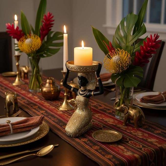 African Lady Figurine Candle Holder with African Tribal Totem for Wedding,Church,Holiday Decor-African Decorative Women Statues, Candlestick Holder for Home and Table Decor(753-Gold)