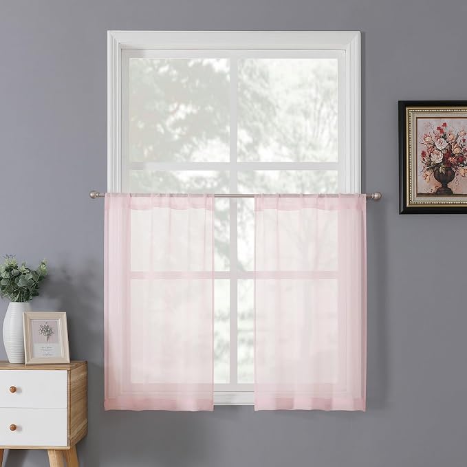Tollpiz Sheer Tier Curtains Kitchen Linen Textured Half Curtain Sheers Light Filtering Rod Pocket Voile Bathroom Short Curtains for Farmhouse, 25 x 30 inches Long, Pink, Set of 2 Panels