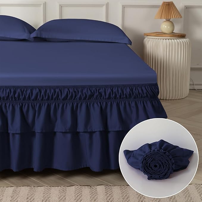 Double-Layered Ruffled Bed Skirt,Navy,Full/Queen, 14" Drop | Wrap Around, Adjustable Elastic, 2 Layer, Machine Washable Soft Fabric, Multi Ruffle Bedskirt