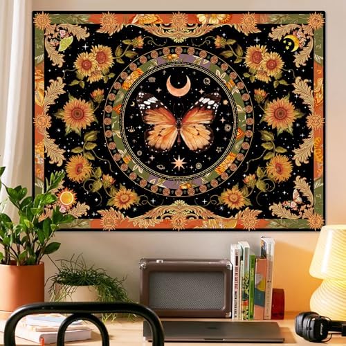 Accnicc Butterfly Floral Tapestry Vintage Indie Boho Flower Tapestries for Bedroom Aesthetic Retro Yellow Sunflower Moth Tapestry Wall Hanging for Dorm Living Room (80'' × 60'')