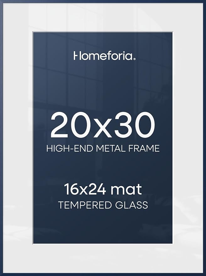 Homeforia 20x30 Blue Picture Frame, High-End Metal, 16x24 Mat, Glass
