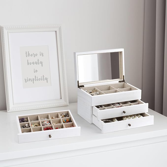 Meangood Jewelry Box Organizer for Women, 3 Layer Large Jewelry Storage Case, Rustic Wooden Jewelry Box with Mirror & Ring Tray for Necklace Earring Bracelets Rings, Vintage Style (White)