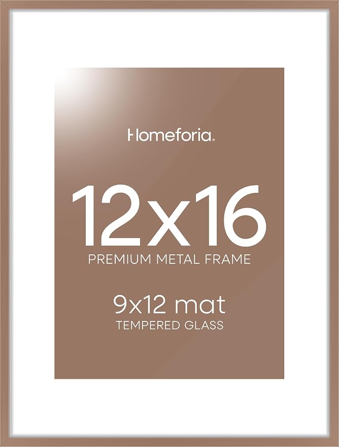 Homeforia 12x16 Mocha Picture Frame, High-End Metal, 9x12 Mat, Glass