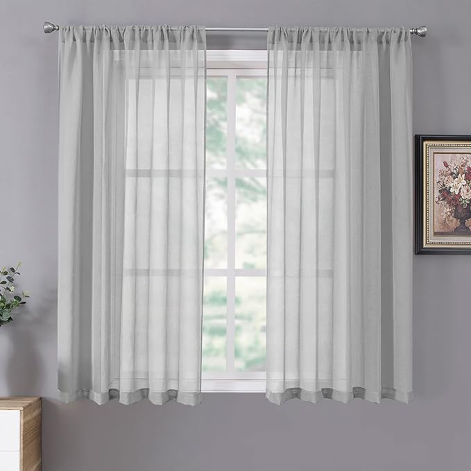 Tollpiz Sheer Curtains Linen Textured Bedroom Curtain Sheers Light Filtering Rod Pocket Voile Curtains for Living Room, 54 x 63 inches Long, Silver Grey, Set of 2 Panels