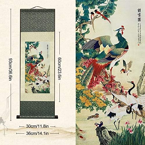 AtfArt 4 Pack Asian Wall Decor - Beautiful Silk Scroll Painting Birds - Phoenix Oriental Decor Chinese Art Wall Scroll Wall Hanging Painting (36.2 x 12 in)