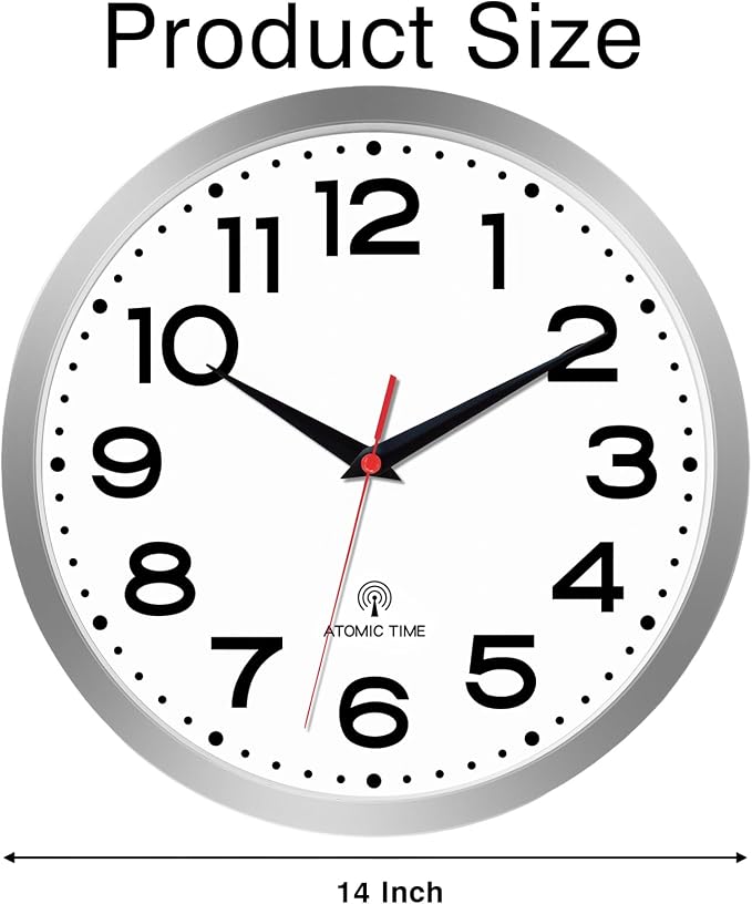 Roymnie 14 Inch Atomic Wall Clock, Battery Operated Silent Non Ticking | Silver analog wall clock; bold numerals for easy reading; silent non-ticking; 1 AA battery (not included); for classroom
