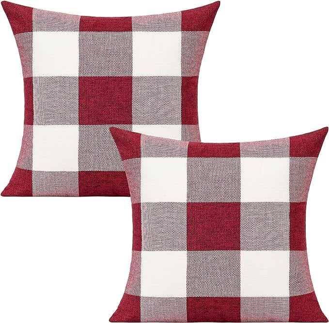 VAKADO Christmas Throw Pillow Covers 18x18 Set of 2 Red and White Buffalo Check Plaid Xmas Outdoor Valentine Holiday Farmhouse Decorative Cushion Cases Home Décor for Sofa Couch Bedroom