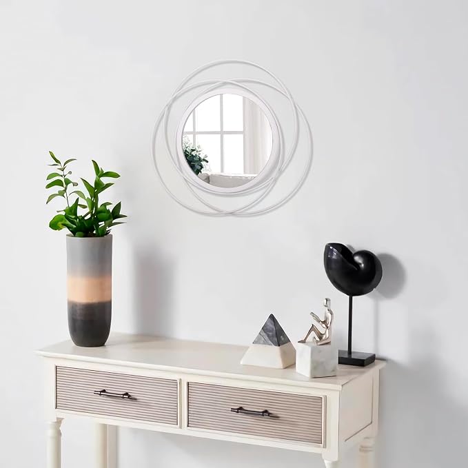Wall Mirror Mounted Round Decorative Mirrors with Iron Metal Wire Frame Mirror for Wall, Home Decorative Bathroom Vanity, Living Room or Bedroom White Small 12"