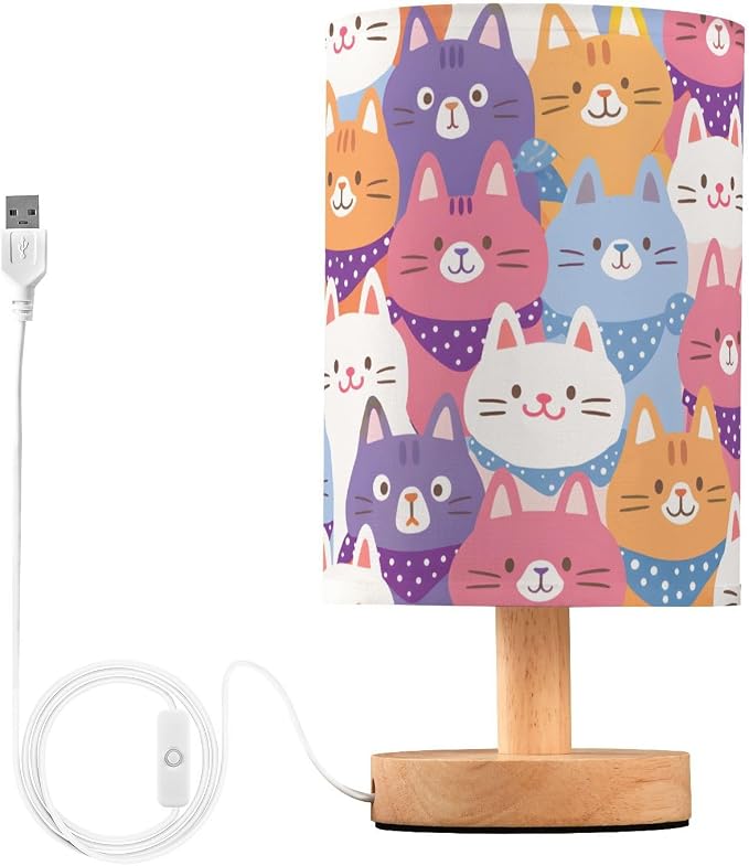 Bedside Lamp Cartoon Cat Table Lamp for Bedroom LED Nightstand Lamp Shade USB Ports Wood Base for Living Room Dorm Office