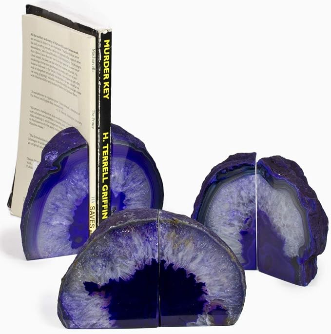 JIC Gem Purple Agate Geode Bookends Heavy Duty Crystal Stone Book Holders | Dyed Polished Gemstone Book Stoppers for Shelves,Decorative Holders with Non-Skid Rubber Bumpers for Decor,1 Pair, 6-8 Lbs