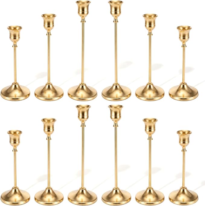 12 Pcs Brass Gold Taper Candle Holders Set, Tall Taper Candlestick Holders Vintage Metal Candle Stick Holder for Wedding Party Table Centerpiece Festive Christmas Mantel Decoration, Gold