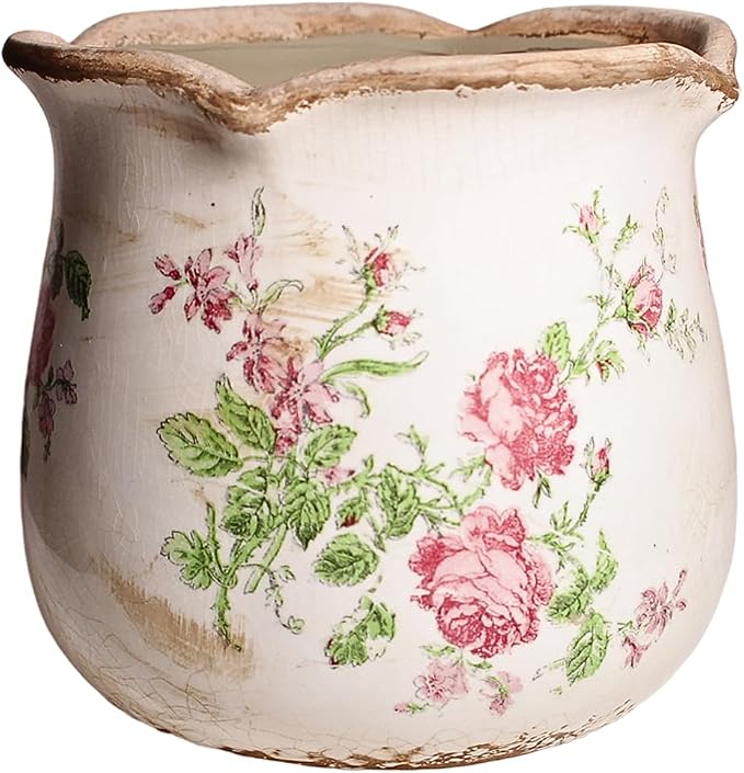 Xiaan Jiaju Shabby Chic Flower Pot, 6.11 Inch Ceramic Planter with Drainage for Indoor Plants, Vintage Ceramic Vase, Country Chic Spring Garden Home Decor, Pink Rose Floral