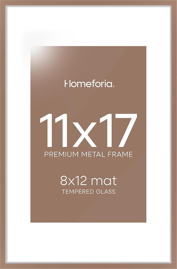 Homeforia 11x17 Mocha Picture Frame, High-End Metal, 8x12 Mat, Glass