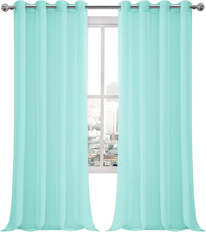 DWCN Semi Sheer Curtains, Grommet Top Window Sheer Curtain Drapes for Bedroom Living Room, Faux Linen Look Voile Transparent Solid Sheer Curtains Set of 2 Panels 52 x 95 Inches Long, Mint Green