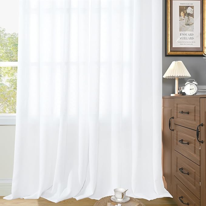 YoungsTex White Linen Curtains 84 Inches Long for Living Room - Light Filtering Drapes with Back Tab Semi Sheer Window Treatments for Bedroom, 2 Panels 40 X 84 Inch