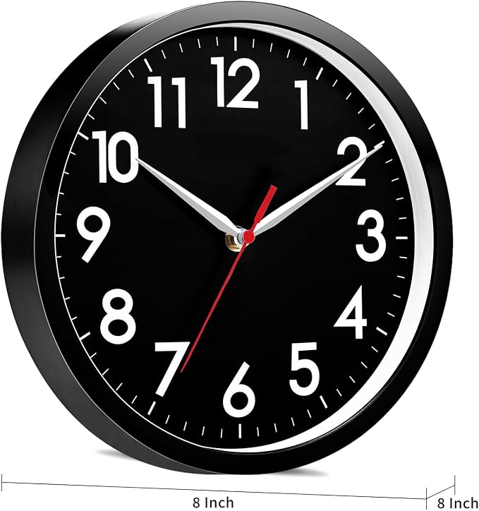 AKCISOT 8 Inch Wall Clock, Silent Battery Operated Analog Clock, Black | Small Size | Bedroom | Office | Kitchen | Bathroom | Classroom | Modern | Easy to Read