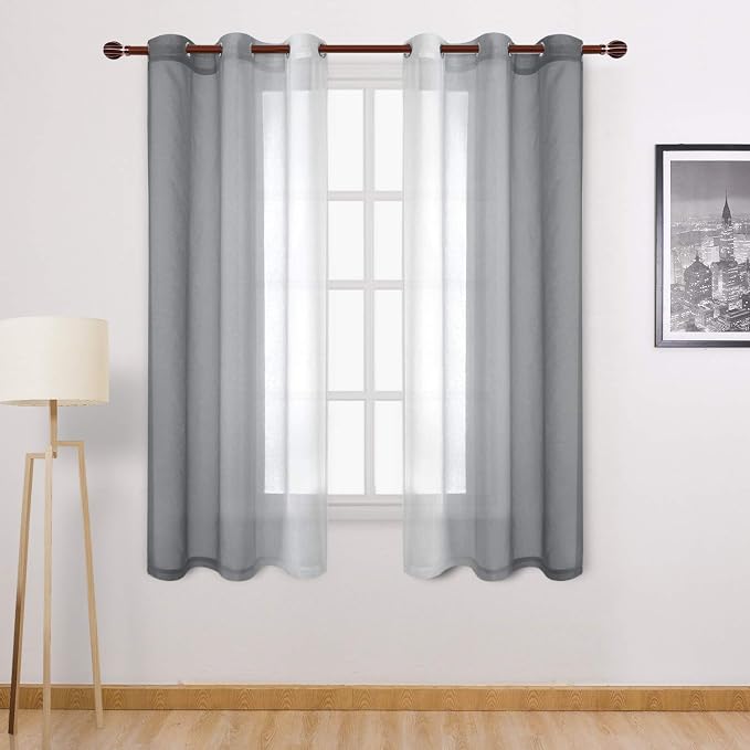 DWCN Grey Ombre Sheer Curtains - Faux Linen Gradient Grommet Top Semi Voile Bedroom and Living Room Curtains, Set of 2 Window Curtain Drapes, 42 x 63 Inches Length