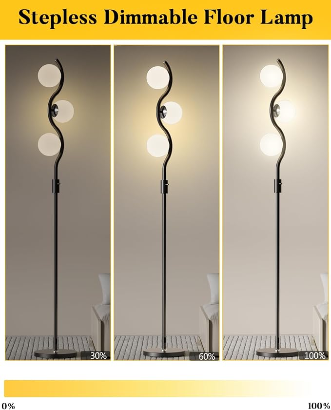 3 Globe Floor Lamp Dimmable Black Floor Lamps with 3 Soft Warm White 3000K Bulbs, Mid Century Modern Standing Tall Lamp with 5Lbs Heavy Basefor Living Room Bedroom Home Decor Sofa Beside